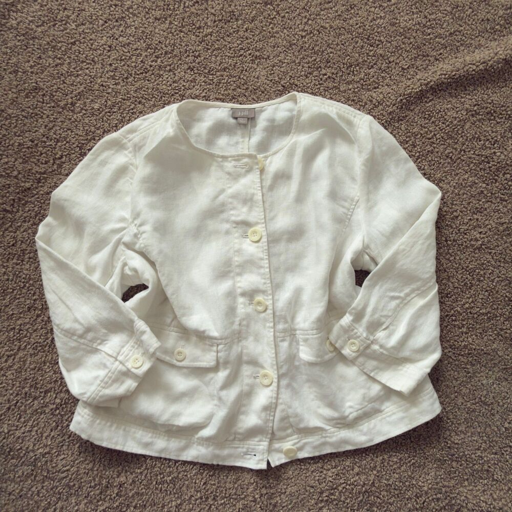 J.jill White Linen-look button front jacket size Large coastal minimalist